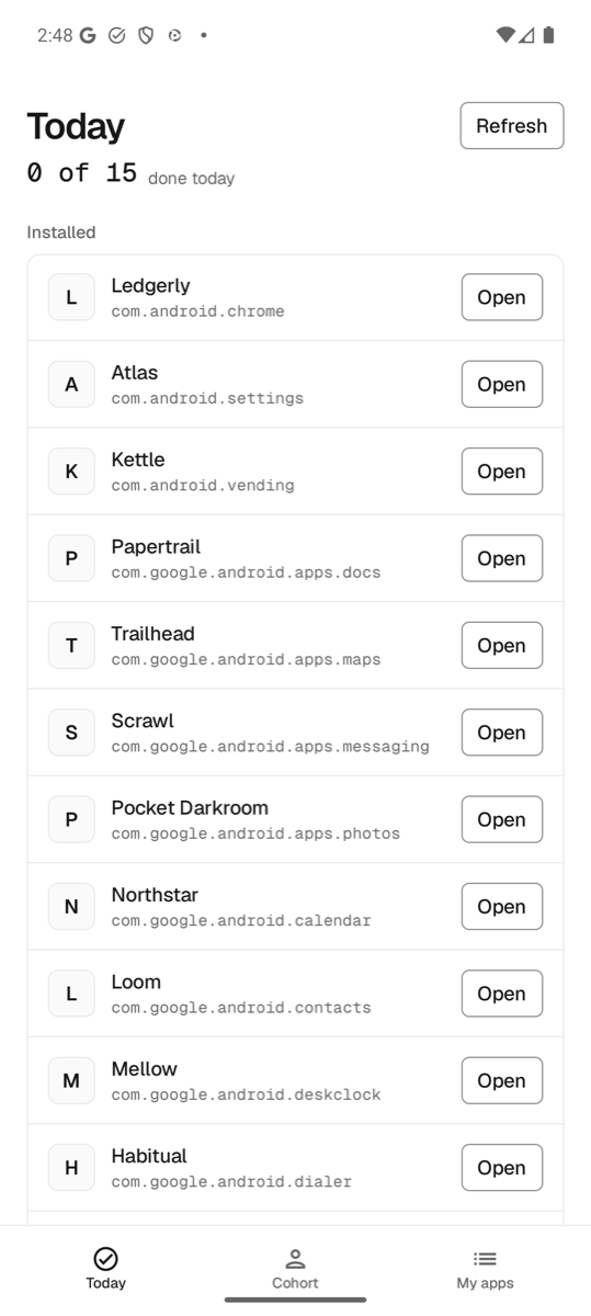 Today: the apps this tester has installed, each with an Open button